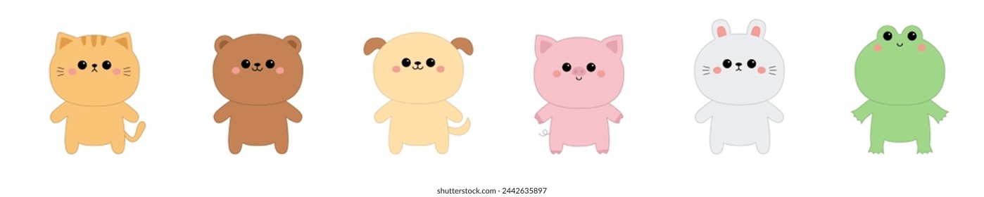 Cat kitten kitty, bear, dog puppy, pig, frog, rabbit bunny hare standing. Cute face icon set line. Cartoon kawaii animal character. Funny baby. Contour line doodle Flat design. White background Vector