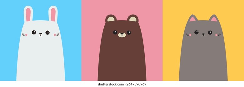 Cat kitten kitty, bear, rabbit bunny hare set. Round face icon line. Cute cartoon character. Kawaii animal. Funny baby. Love card. Childish style. Flat design. Colorful background. Isolated. Vector