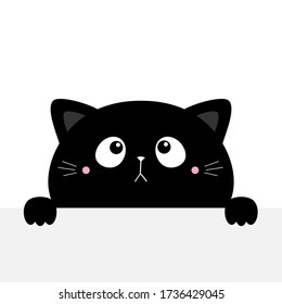 Cat kitten kitty black silhouette holding empty paper. Paw print. Cute kawaii cartoon sad character. Happy Valentines Day. Baby greeting card tshirt notebook cover. White background Flat design Vector