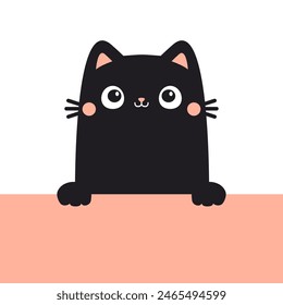 Cat kitten kitty black silhouette holding empty pink paper. Paw print. Cute kawaii cartoon funny baby character. Happy Valentines Day. Childish style. Greeting card White background Flat design Vector