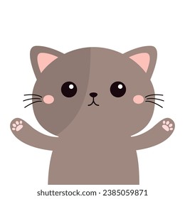 Cat kitten, kitty. Cute face head, hands with pink paw print. Cartoon kawaii funny baby character. Kids collection. Sticker print. Flat design. White background. Isolated. Vector illustration