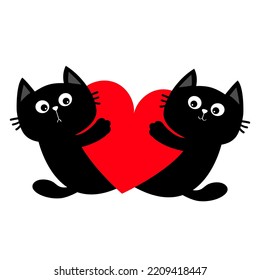 Cat Kitten Kitty Family Couple Holding Big Red Heart. Happy Valentines Day. Cute Cartoon Kawaii Funny Animal Character. Flat Design. Love Card. Sticker Print. White Background. Isolated. Vector