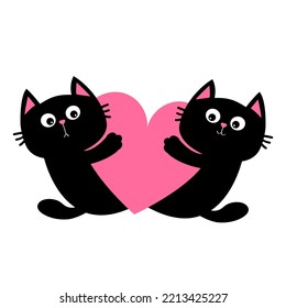 Cat Kitten Kitty Family Couple Holding Big Pink Heart. Happy Valentines Day. Cute Cartoon Kawaii Funny Animal Character. Love Card. Sticker Print. Flat Design. White Background. Isolated. Vector