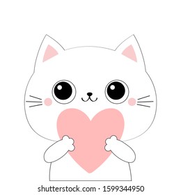 Cat kitten kitty head face holding big pink heart. Happy Valentines Day. Cute cartoon kawaii funny animal character. Flat design. Love card. White background. Isolated. Vector illustration