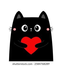 Cat kitten kitty head face holding red heart. Happy Valentines Day. Cute cartoon kawaii funny animal character. Flat design. Love card. Sticker print. Childish style. White background. Vector