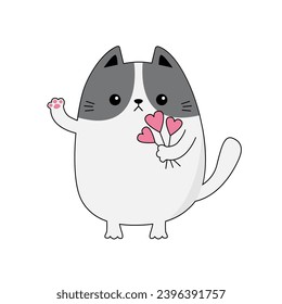 Cat kitten kitty holding pink heart stick bouquet. Happy Valentines Day. Contour line doodle. Funny face, paw print. Cute cartoon kawaii animal character. Flat design Love card White background Vector