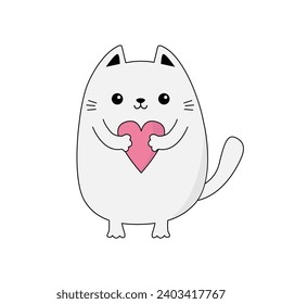 Gato gatito sosteniendo el corazón rosado. Feliz Día de San Valentín. Doodle de línea de contorno. Cara divertida en la cabeza. Caricatura educada del personaje animal kawaii. Diseño plano. Tarjeta de amor. Fondo blanco. Ilustración del vector