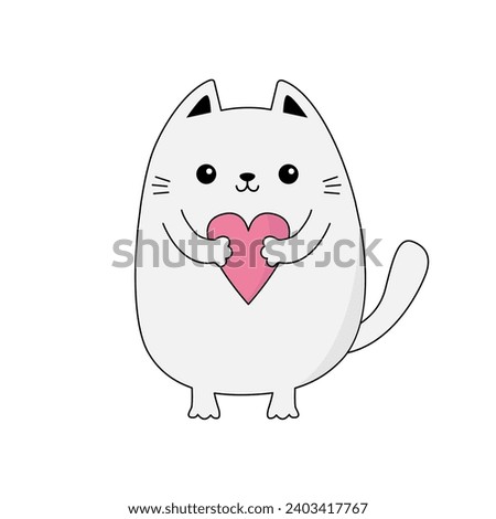 Cat kitten kitty holding pink heart. Happy Valentines Day. Contour line doodle. Funny head face. Cute cartoon kawaii animal character. Flat design. Love card. White background. Vector illustration