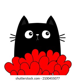 Un gatito gatito con un ramo de corazón rojo. Feliz Día de San Valentín. Caricatura educada kawaii animal divertido. Tarjeta de saludo, portada de cuaderno, camiseta. Diseño plano. Tarjeta de amor. Fondo blanco. Vector