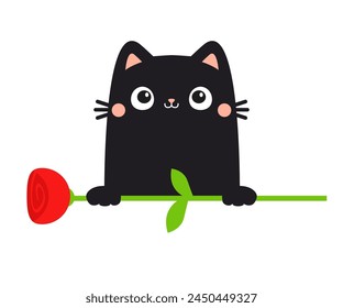 Cat kitten kitty holding red rose flower bouquet. Happy Valentines Day. Cute cartoon kawaii funny animal. Greeting card, tshirt, sticker print template.. Flat design. Love card White background Vector