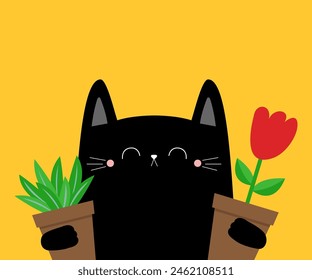 Gatito gato gatito sosteniendo tulipán rojo, planta de hojas verdes. Ramo de flores en la olla. Feliz Día de San Valentín. Lindo animal divertido kawaii de dibujos animados. Tarjeta de amor. Diseño plano. Fondo amarillo. Vector