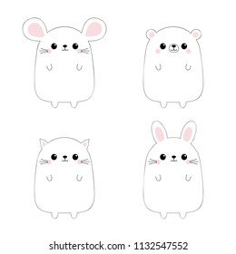 Cat kitten kitty, mouse, bear, rabbit hare icon set. Black contour silhouette. Doodle linear sketch. Kawaii animal. Cute cartoon character. Funny baby. Love card. Flat design. White background. Vector