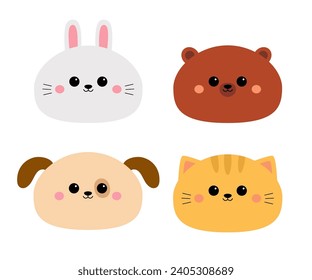 Cat kitten kitty, rabbit bunny hare, bear, dog puppy face icon set. Cute cartoon character. Kawaii animal. Funny baby. Love card. Flat design. White background. Isolated. Vector illustration