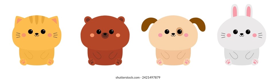 Cat kitten kitty, rabbit bunny hare, bear, dog puppy, face icon set. Kawaii animal sitting icon. Paw print. Cute cartoon funny baby character. Love card. Flat design. White background Isolated. Vector