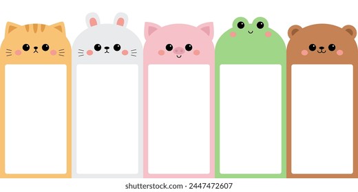 Cat kitten kitty, rabbit bunny hare, bear, pig, frog set. Paper sticker. Template for notebooks, schedule planners, checklists, cards, stationery, notepad sheet. Flat design White background Vector