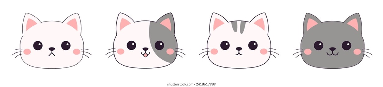 Cat kitten, kitty round icon set banner. Cute face head. Different emotions, colors. Cartoon kawaii funny baby character. Contour line doodle. Sticker print. Flat design. White background. Vector