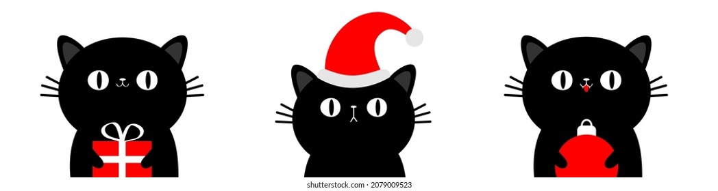 Cat Kitten kitty set holding red gift box, xmas ball. Merry Christmas. Cartoon kawaii character. Cute face icon. Red santa hat. Funny baby pet animal. Flat design. White background Vector illustration