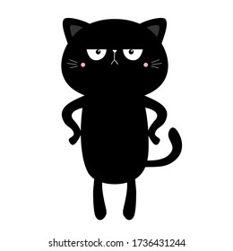 Cat kitten kitty standing. Black silhouette icon. Cute kawaii cartoon sad funny character. Happy Valentines Day. Baby greeting card tshirt notebook cover print. White background. Flat design. Vector