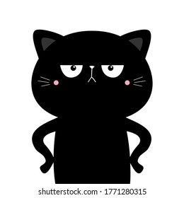 Cat kitten kitty standing. Cute kawaii cartoon sad funny character. Black silhouette icon. Happy Valentines Day. Baby greeting card tshirt notebook cover print. White background. Flat design. Vector