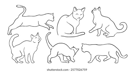 cat and kitten line drawings set different poses  vector illustration