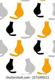 Cat kitten multicolored seamless vector pattern isolated on white, funny animal doodle.  For wallpaper, textile and surface