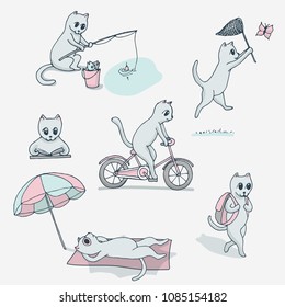 Cat, kitten on the rest. Set of vector illustrations with cat character.  Cat fishing, catching a butterfly, riding bicycle, reading a book, sunbathing on a beach, hiking with backpack.