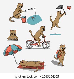 Cat, kitten on the rest. Set of vector illustrations with cat character.  Cat fishing, catching a butterfly, riding bicycle, reading a book, sunbathing on a beach, hiking with backpack.