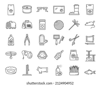 Iconos de esquema de cuidado de mascotas de gatos y gatitos. Herramientas domésticas para el cultivo de animales, salud veterinaria de gatos o perros, comida enlatada y juguetes pictograma vectorial de línea delgada. Ropa de mascotas, alimentación y accesorios de transporte