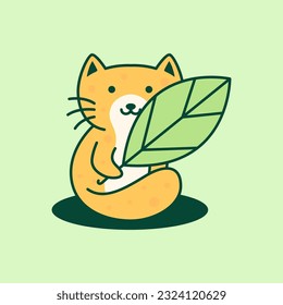 cat kitten pets cute playing leaf plant mascot cartoon logo vector icon illustration