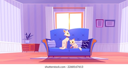 Cat and kitten play on sofa in living room vector background. Pet kid on couch indoor with no people. Home interior design with wooden floor, window and day light. Frames on striped wallpaper