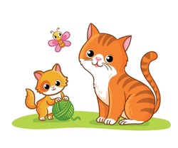 Cat With A Kitten Is Playing On A Green Meadow. Vector Illustration With Pets In Cartoon Style.
