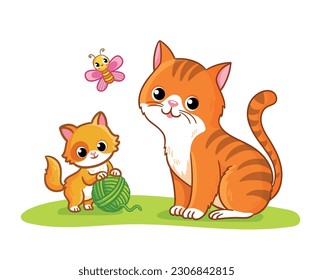 Cat and kitten is playing green meadow  Vector illustration and pets in cartoon style 
