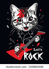 Cat kitten portrait with guitar. Slogan let's Rock. Vector illustration.