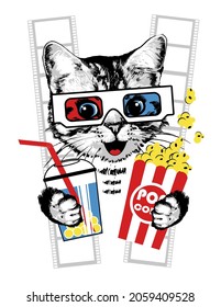 Cat kitten portrait with popcorn and soda in 3d glasses. Vector illustration.