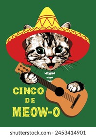 Cat kitten portrait in sombrero and with guitar. Slogan cinco de meow-o. Vector illustration.