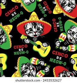 Cat kitten portrait in sombrero and with guitar and maracas seamless pattern on black background. Slogan cinco de meow-o. Vector illustration.