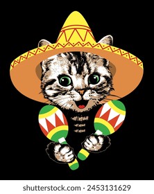 Cat kitten portrait in sombrero and with maracas. Vector illustration.