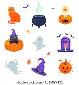 cat kitten pumpkin candle bat ghost halloween pot cauldron white background