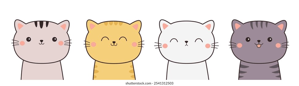 Cat kitten set line banner. Cute kitty funny smiling face head. Contour line doodle. Different emotions, colors. Cartoon kawaii baby character. Sticker print. Flat design. White background. Vector