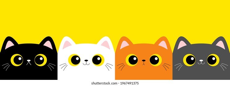 Cat kitten set line. Square head face. Cute cartoon character. Kawaii baby pet animal. Pink ears, nose. Yellow eyes. Notebook cover, tshirt, greeting card print. Flat design. Yellow background. Vector