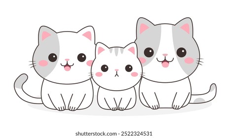Conjunto de gatinhos. Três famílias de gatinhos. Cartoon kawaii personagem bebê. Cara de cara engraçada. Desenho de linha de contorno. Cores brancas e cinzentas. Impressão de adesivo. Estilo infantil. Design plano Fundo branco Vetor