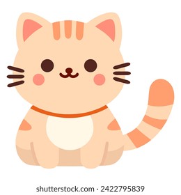 Cat kitten sitting. Face head line contour silhouette icon. Funny kawaii smiling doodle animal. Pink cheeks, ears, tail. Cute cartoon baby pet character. Flat design. White background. Vector