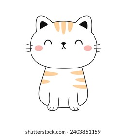 Un gatito sentado. Sensación de silueta de contorno de la cabecera de la cara de dormir triste. El gracioso kawaii sonriendo animal doodle. mejillas rosadas, lengua, orejas. Caricatura de mascota. Diseño plano. Vector de fondo blanco