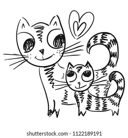 Cat with kitten. Sketch. Vector illustration