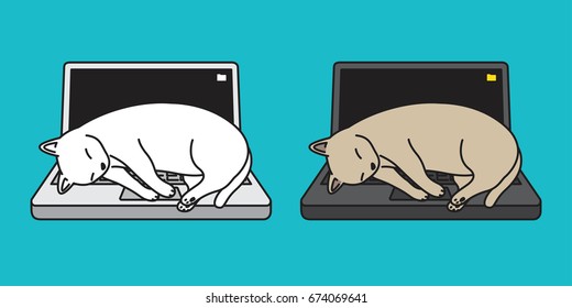 Cat kitten sleeping on notebook laptop illustration vector cartoon
