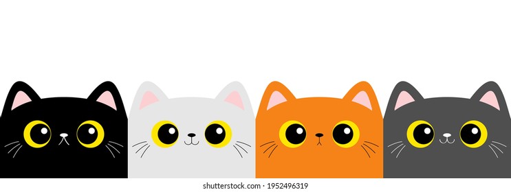 Cat kitten square head face set line. Cute cartoon character. Kawaii baby pet animal. Pink ears, nose. Yellow eyes. Notebook cover, tshirt, greeting card print. Flat design. White background. Vector