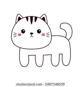 Cat kitten standing. Face head line contour silhouette icon. Funny kawaii doodle animal. Pink cheeks, ears. Cute cartoon character. Pet collection. Childish style. Flat design. White background Vector