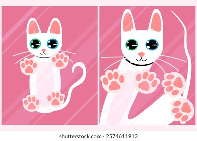 Cat and kitten standing on transparent glass, view from above. Modern isolated vector illustration.