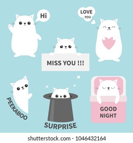 Cat kitten sticker emotion emoji icon set. Miss you. Hi. Good night, love you. Funny head face. Cute cartoon character. Magic hat. Heart. Kawaii animal. Baby card. Flat design. Blue background Vector