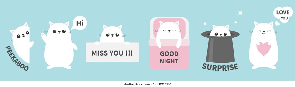 Cat Kitten Sticker Emotion Emoji Icon Set Line. Miss You. Hi. Good Night, Love You. Funny Head Face. Cute Cartoon Character. Magic Hat Heart Kawaii Animal Baby Card Flat Design. Blue Background Vector